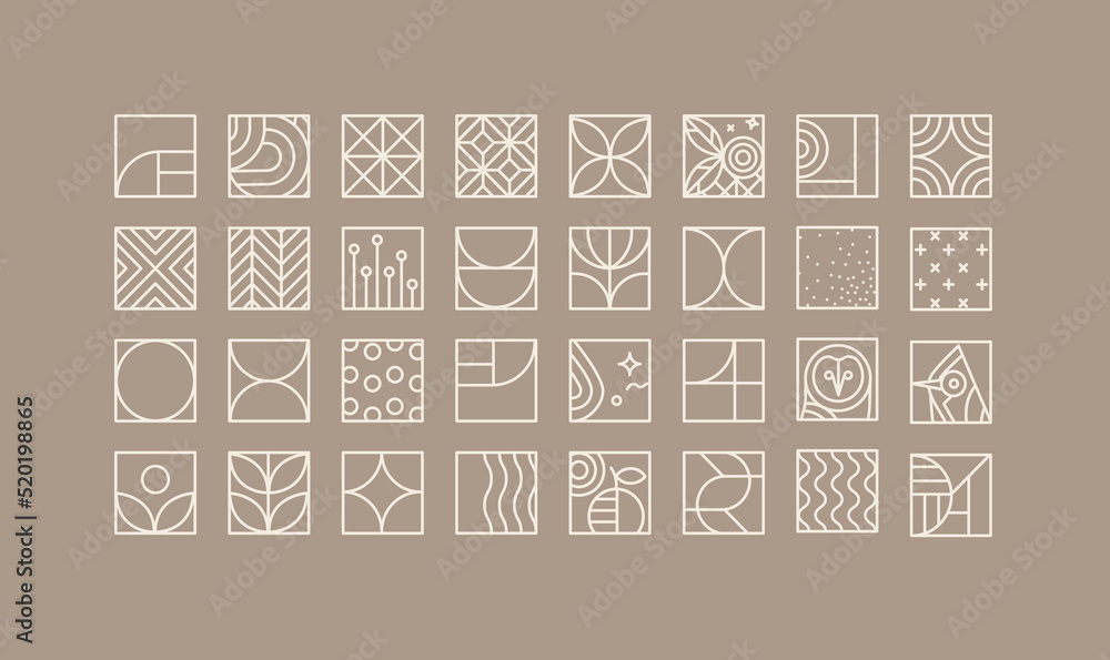 Set of creative modern art deco icons in flat line style drawing on coffee background.