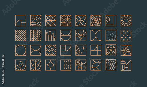 Set of creative modern art deco icons in flat line style drawing on blue background.