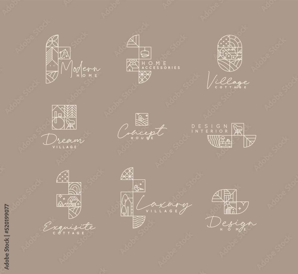 Set of creative modern art deco labels in flat line style drawing on coffee background.