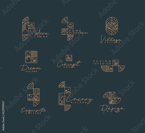 Set of creative modern art deco labels in flat line style drawing on blue background.