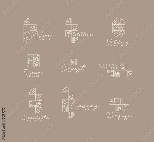 Obraz na płótnie Set of creative modern art deco labels in flat line style drawing on coffee background. w salonie
