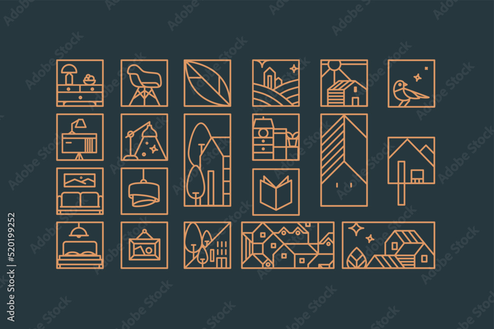 Set of creative modern art deco signs in flat line style drawing on blue background.