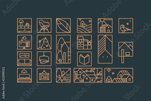 Obraz na płótnie Set of creative modern art deco signs in flat line style drawing on blue background. w salonie