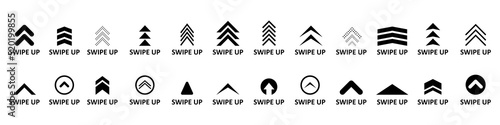 Swipe up icon. Arrow up for social media stories. Set of black swipe up icon. Scroll pictogram. Modern vector illustration isolated on white background.