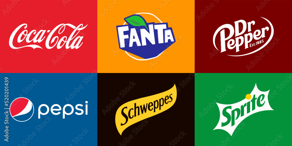 Vecteur Stock Soda drinks logos. The most popular carbonated drinks. Coca- Cola, Fanta, Dr Pepper, Pepsi, Schweppes, Sprite. Vector illustration.  VINNYTSIA, UKRAINE - JUNE 27, 2022 | Adobe Stock