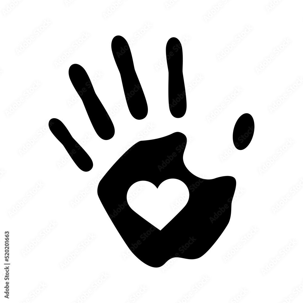 Human hand print with heart shape black silhouette icon vector. Love handprint icon vector isolated on a white background. Palm print design element Human hand print with heart shape black silhouette icon vector. Love handprint icon vector isolated on a white background. Palm print design element