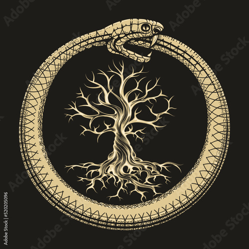 Ouroboros Snake And Tree of Life Esoteric Illustration