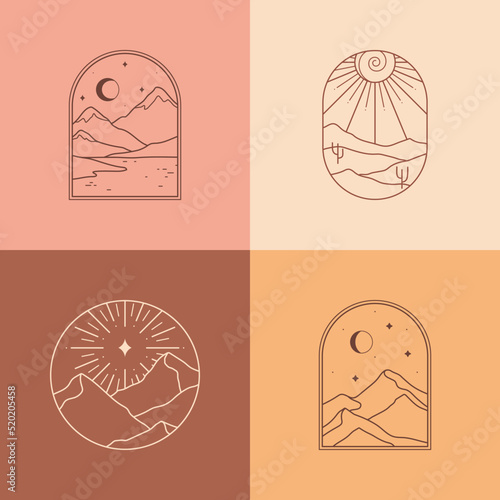Vector boho emblems with abstract mountain landscapes.Travel logos with mountains or desert dunes;aurora,crescent moon,sun and sunburst.Modern travel icons or symbols in trendy minimalist style.