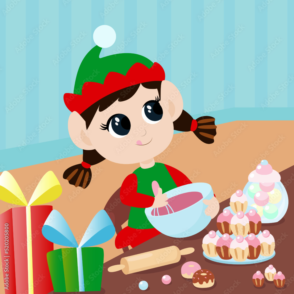 The elf girl is in the room at the table whipping up the icing. Leprechaun is happy and joyful and she is preparing Christmas sweets. The child is dressed in a traditional red and green costume. The elf girl is in the room at the table whipping up the icing. Leprechaun is happy and joyful and she is preparing Christmas sweets. The child is dressed in a traditional red and green costume.