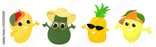Avocado, mango, lemon and pineapple in cartoon style. Fruit has a face and eyes, and the fruit is wearing a hat and heart-shaped glasses and a baseball cap. Character design for baby food, packaging.