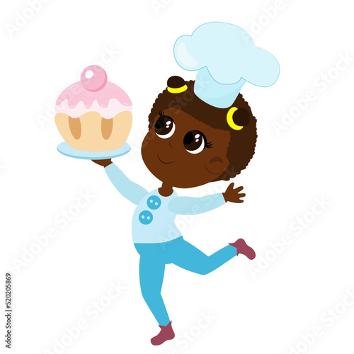 Character design small child girl running and carrying a huge delicious muffin in his hands. Cute character in cartoon flat style isolated on white background.