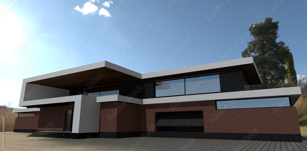 Luxurious red brick house. The base is a black apple. Clear blue sky. Bright sun. Green trees. 3d render.