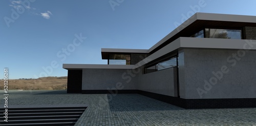 Blue sky. Luxurious high-tech house. Finishing of a facade white marble. Staircase and paving stones. 3d render.