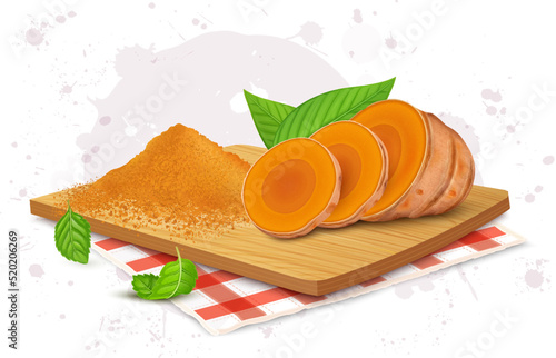 Turmeric root slices vector illustration with turmeric powder on wooden chopping board