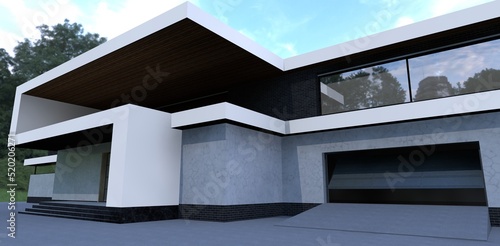 Entrance to the garage of a luxurious country house. Light asphalt pavement. Finishing of the house is gray marble. 3d render.