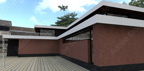 Luxurious house with a flat roof and mirrored windows. Wall decoration is red and black brick. Paving stone concrete tiles. 3d render.
