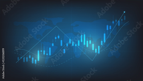 world economy situation concept. Financial business statistics with bar graph and candlestick chart show stock market price index and currency exchange on dark background