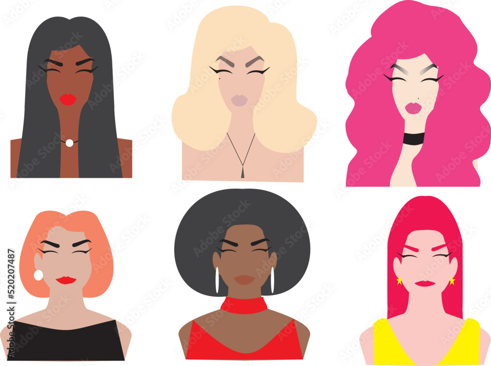 vector flat minimalistic illustration of girl lgbt lgbtq drag queen set 6 portrait head icon collection of face women girls beauty lips hair vector flat minimalistic illustration of girl lgbt lgbtq drag queen set 6 portrait head icon collection of face women girls beauty lips hair