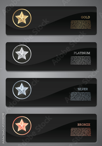 Metalic star and ribbon on black card, Gold, Platinum, Silver, Bronze, Vector illustration.