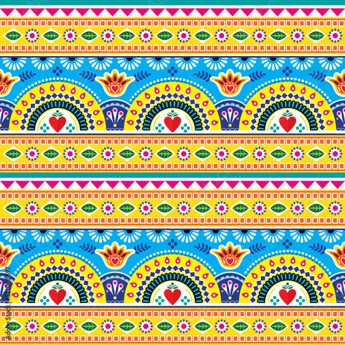 Indian and Pakistani truck art and rikshaw inspired vector seamless pattern, vibrant unique design with hearts and flowers
