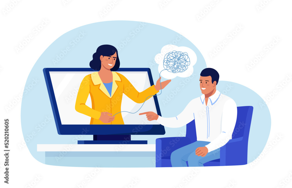 Online psychotherapy. Psychologist doctor helps patient to unravel tangled thoughts. Psychological problems, mental disorder, treatment of stress, addictions. Psychology counseling