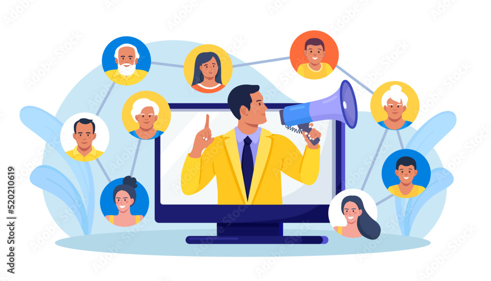 Refer a friend. Social media marketing, referral program. People share information with affiliate referrals and making money. Man tell his friends about action and all benefited Refer a friend. Social media marketing, referral program. People share information with affiliate referrals and making money. Man tell his friends about action and all benefited