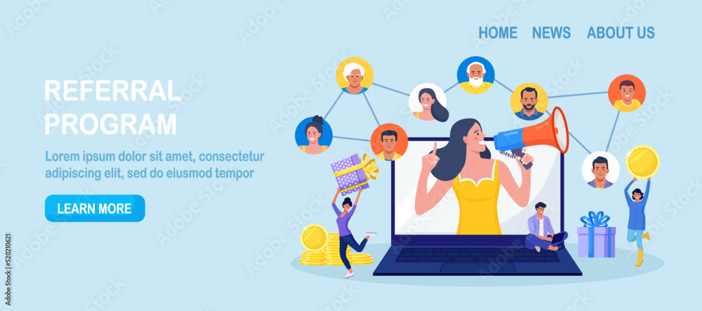 Refer a friend. Social media marketing, referral program. People share information with affiliate referrals and making money. Woman tell her friends about action and all benefited Refer a friend. Social media marketing, referral program. People share information with affiliate referrals and making money. Woman tell her friends about action and all benefited