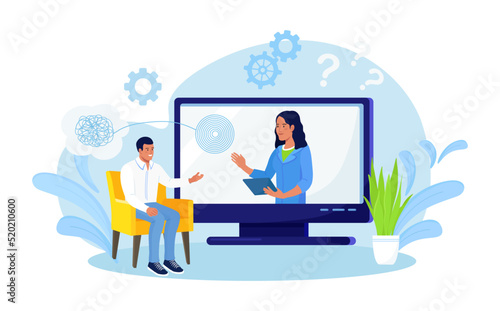 Online psychotherapy. Psychologist doctor helps patient to unravel tangled thoughts. Psychological problems, mental disorder, treatment of stress, addictions. Psychology counseling