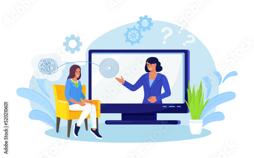 Online psychology. Psychologist doctor helps patient to unravel tangled thoughts. Psychological problems, mental disorder, treatment of stress, addictions. Psychotherapy counseling