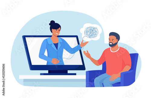 Online psychotherapy. Psychologist doctor helps patient to unravel tangled thoughts. Psychological problems, mental disorder, treatment of stress, addictions. Psychology counseling