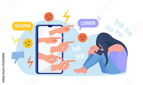 Cyber Bullying. Sad teenage girl sitting in front of phone with dislike in social media, mockery. Depressed young woman after insult, swear, verbal abuse in internet. Depression, stress concept