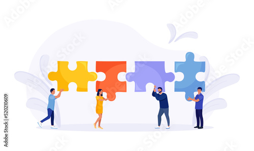 Tiny people connecting puzzle pieces trying to find a solution together. Effective workflow. Teamwork, cooperation, partnership and collaboration. Business concept © Nadezhda Buravleva