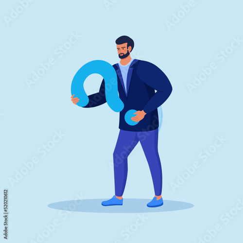 Businessman holds thinking with big question mark in hands. Confused, curious person asking questions, searching answers and solution problem