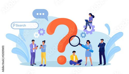 Frequently asked questions, information retrieval. Business people ask questions using laptop, phone. Group of woman and man look for answers around big question mark. Faq concept