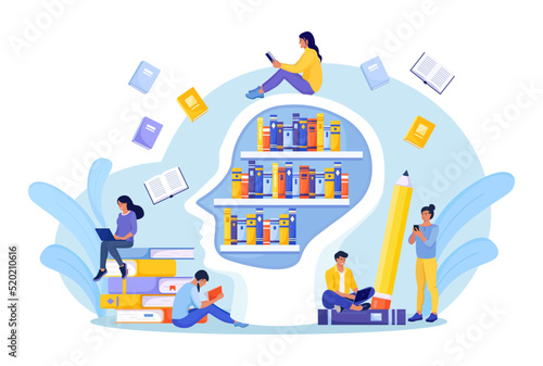 Books library in head shape with shelves. Library bookshelves. Knowledge or education, intelligence experience. Information base in people head. Mind training with literature reading or study