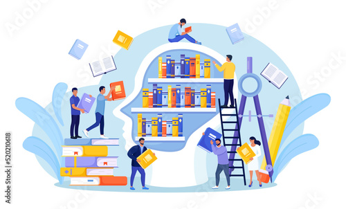 Books library in head shape with shelves. Library bookshelves. Knowledge or education, intelligence experience. Information base in people head. Mind training with literature reading or study