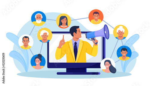 Refer a friend. Social media marketing, referral program. People share information with affiliate referrals and making money. Man tell his friends about action and all benefited