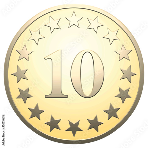 Golden star medal 10 on white background