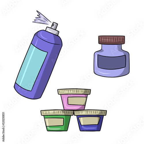 A set of different colorful jars with paints, vector illustration in cartoon style