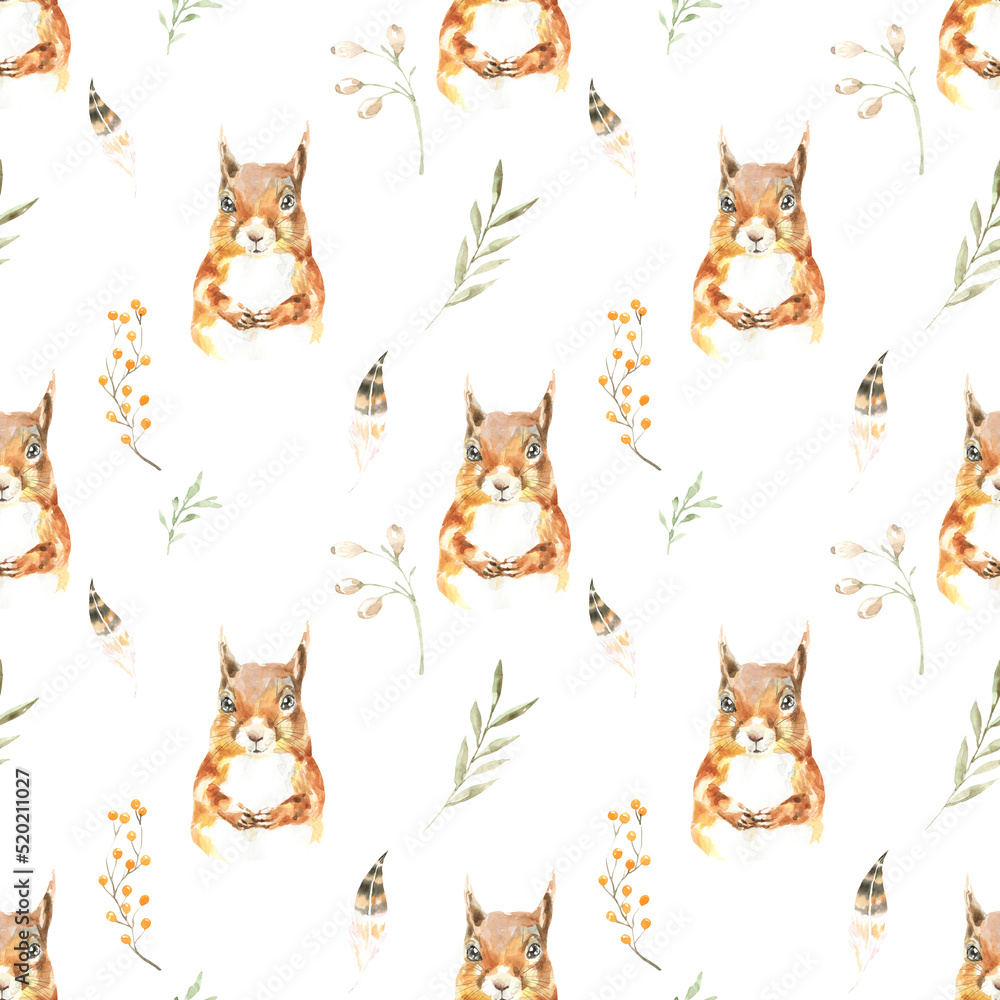 Watercolor woodland squirrel animals nursery cute seamless pattern illustration.Forest animal and greenery, plant.Pattern for kids, wallpaper,digital paper, repeating background, fabric, printable diy