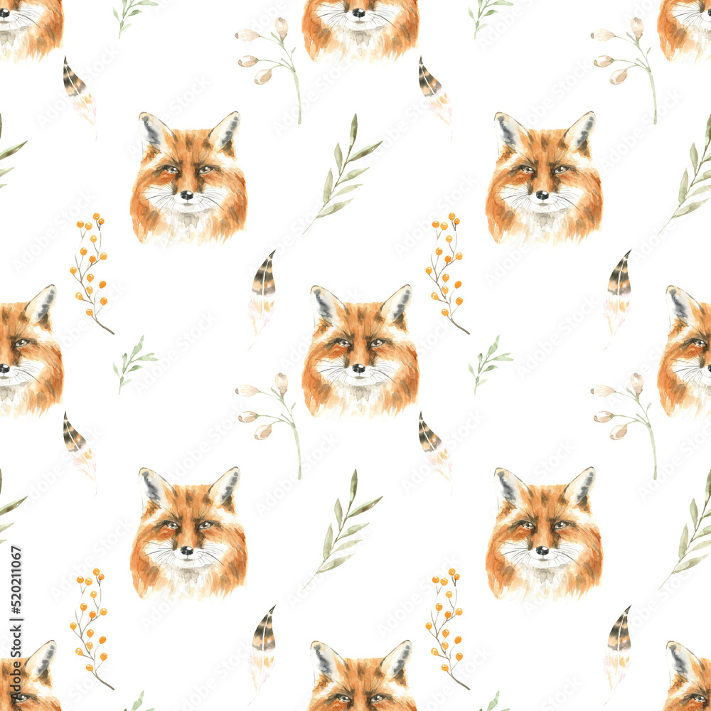 Watercolor woodland fox animals nursery cute seamless pattern illustration.Forest animal and greenery, plant.Pattern for kids, wallpaper,digital paper, repeating background, fabric, printable diy