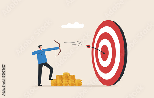 Motivation for success. achieving business goals or duties and responsibilities. complete project goals and reward. Businessman shooting arrows at the target.