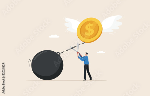 Financial freedom or independence. .Pay off debt. solve financial problems. Businessman cutting a chain.release money coin frying into the sky.