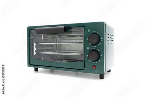A green mini oven closeup isolated on white background