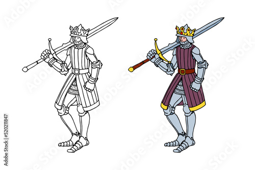A noble knight with a two-handed sword. A royal in medieval armor. Color vector illustration with contour lines in black ink isolated on a white background in cartoon style.