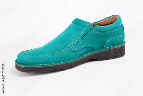 Male blue leather shoes on white background, isolated product.