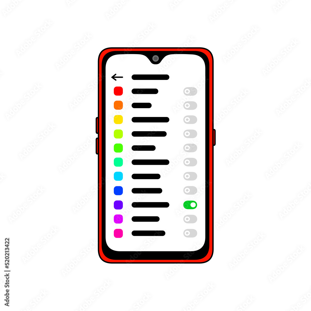 正面から見た赤色のスマートフォンの設定画面 正面から見た赤色のスマートフォンの設定画面