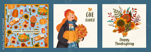 Happy Thanksgiving illustrations. Set of vector designs for card, poster, flyer, web and othe