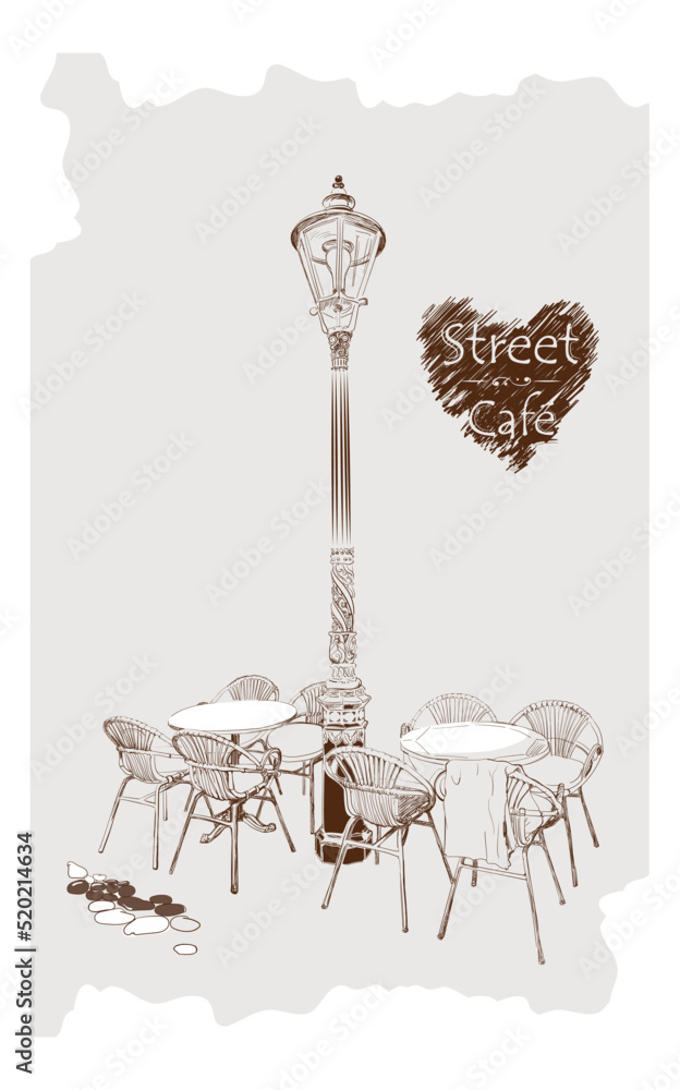 View of a beautiful street cafe or restaurant in the old town. Detailed hand drawn vector illustration. Image of tables and a vintage street lamp. Leisure and travel, Europe. View of a beautiful street cafe or restaurant in the old town. Detailed hand drawn vector illustration. Image of tables and a vintage street lamp. Leisure and travel, Europe.