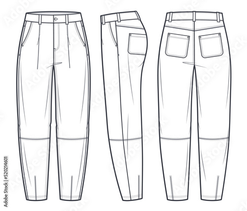 Lether Slouchy pants fashion flat technical drawing template. Balloon Jeans Denim pants  medium waist, owersize, pockets, women, men, unisex, front, side, back view, white, CAD mockup.